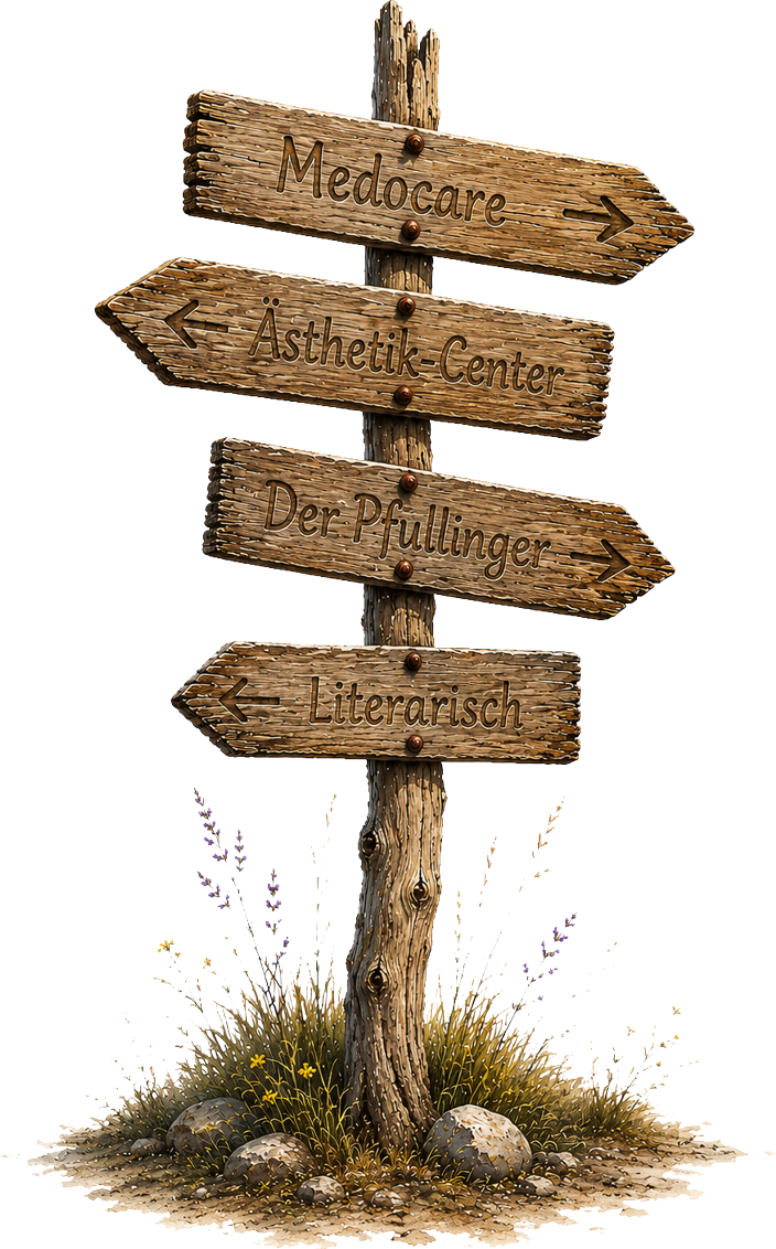 Holzwegweiser mit den Beschriftungen Medocare, Ästhetik-Center, Der Pfullinger und Literarisch
